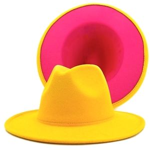 Yellow with Hot Pink Bottom, Yellow Pink Fedora Hat, Two Tone Fedora Unisex Hat